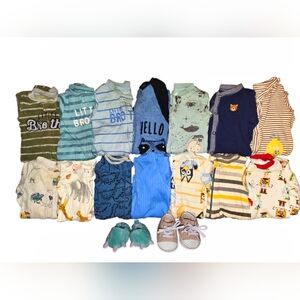 Infant Baby Boy Clothing Bundle - 14 Sleepers & 2 Shoes